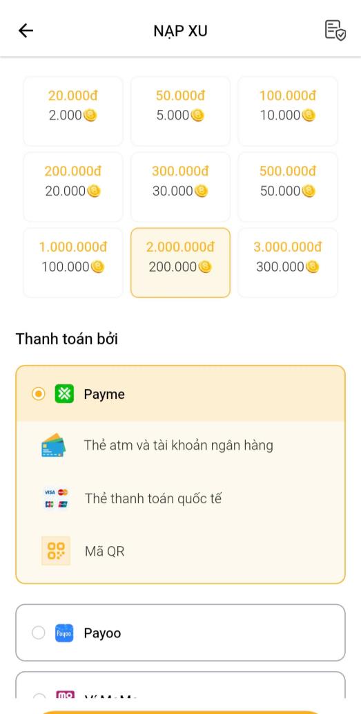 Bước 2: Sau đó người mua chọn số tiền cần nhạp (hệ thống sẽ quy đổi 1 xu tương ứng 10