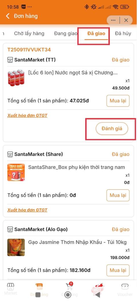 Bước 2: Chọn mục “Đã Giao” → sau đó người mua chọn sản phẩm muốn đánh giá