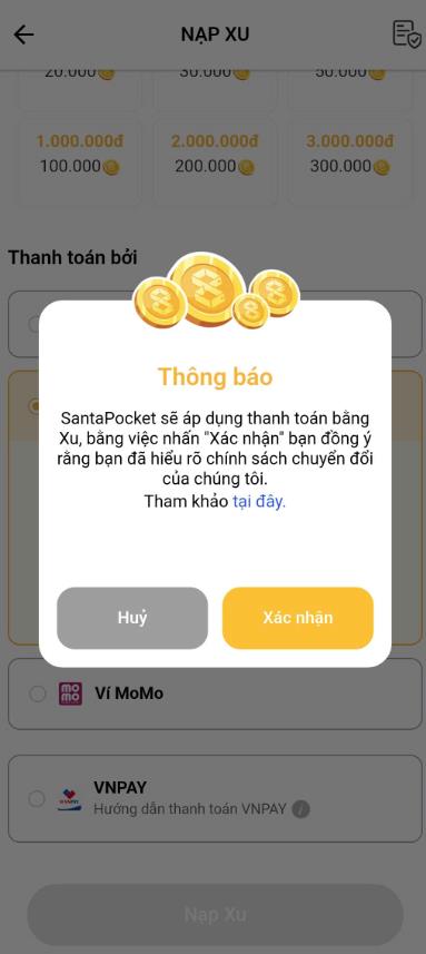 Bước 2: Sau đó người mua chọn số tiền cần nhạp (hệ thống sẽ quy đổi 1 xu tương ứng 10