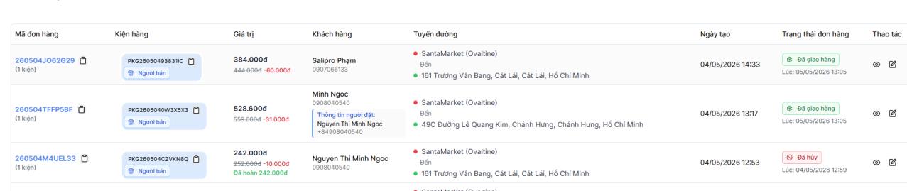 Bước 2: Toàn bộ đơn hàng sẽ hiển thị tại đây
